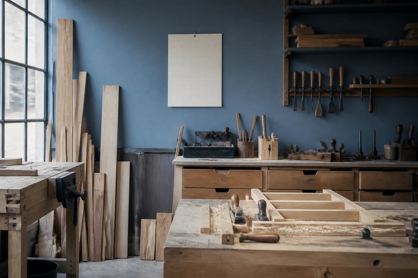 Unfinished workshop bench with tools in use and a paper calendar on the wall