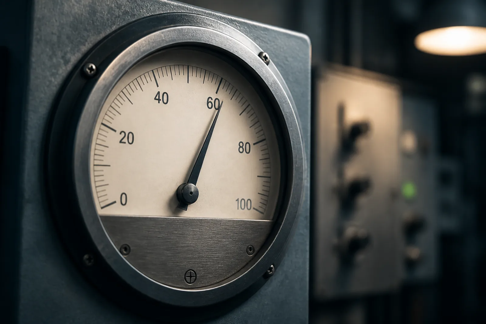 Analog industrial panel meter with the needle in a healthy mid range