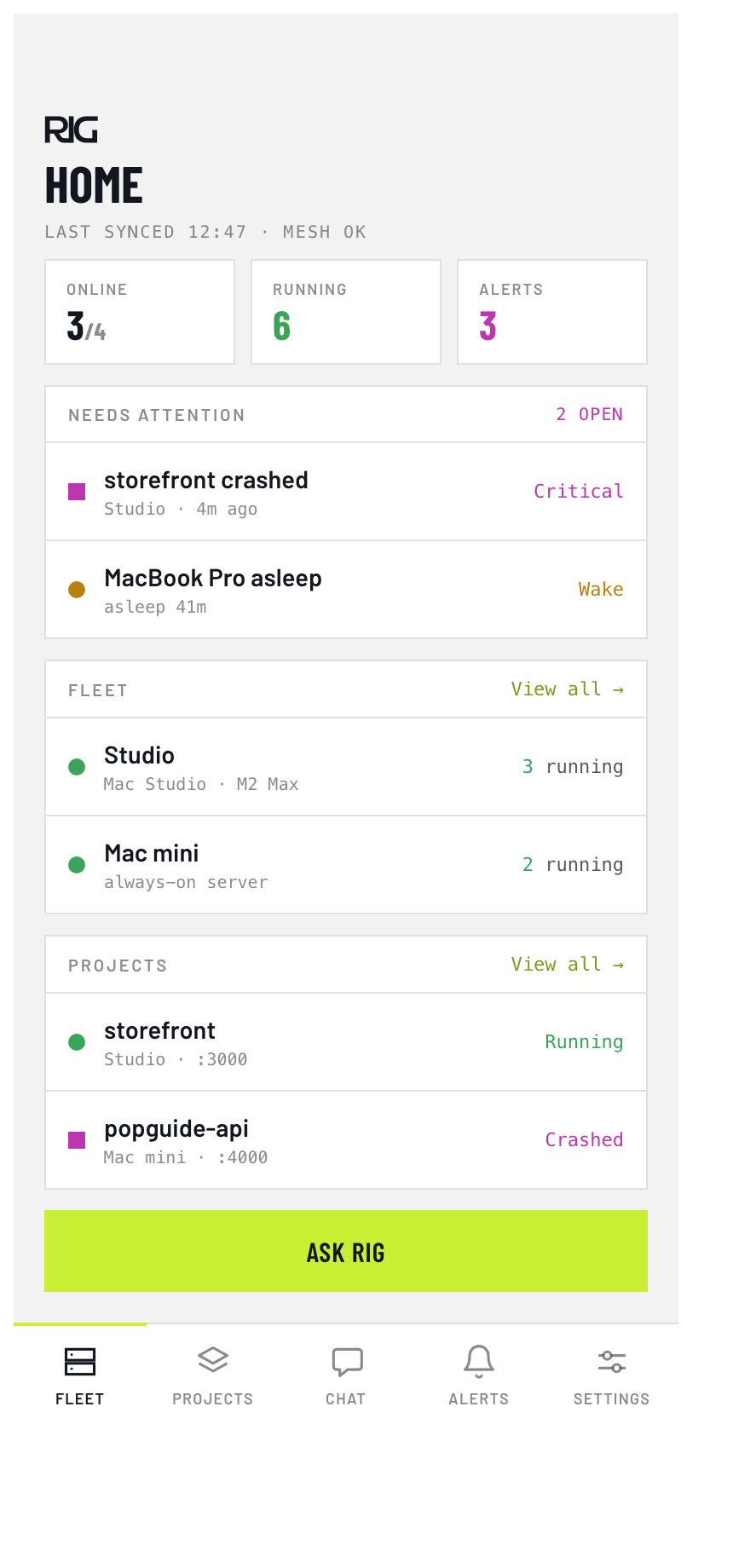 Rig iPhone home — fleet of machines with online and asleep state