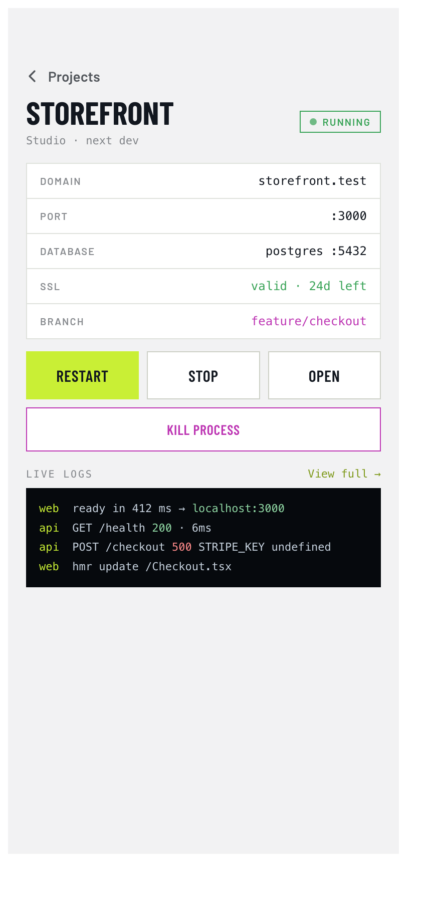 Rig iPhone project detail — start, stop, restart with confirm