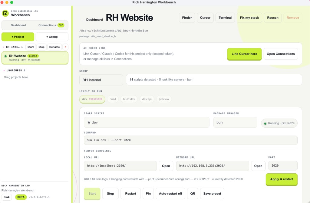 Rig project view with scripts, local URLs and AI coder link for Cursor